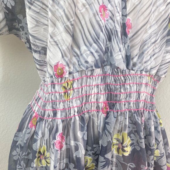 Gemini Semi-Sheer Dress Lg Gray Pink Floral Border Peasant Milkmaid Boho Fairy - Picture 4 of 9